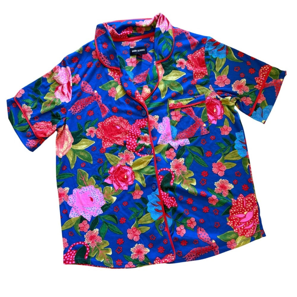 Room Service Pajama Top Womens Blue Tropical Floral Leopard Print Button Medium